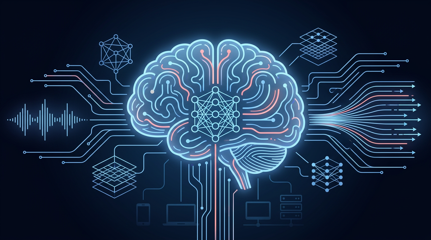 AI and LLM illustration — brain with neural network and circuit traces on dark background