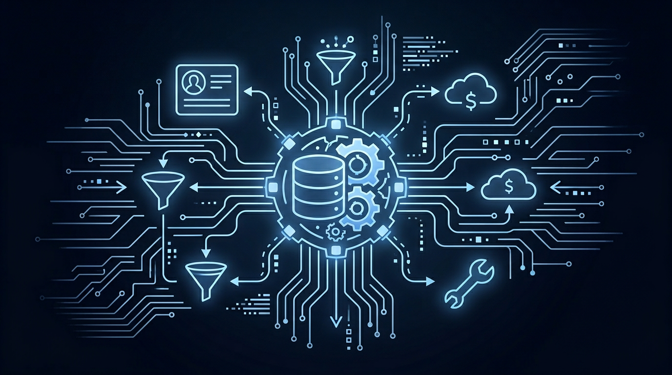 CRM integrations illustration — database, gears, and data pipelines on dark background
