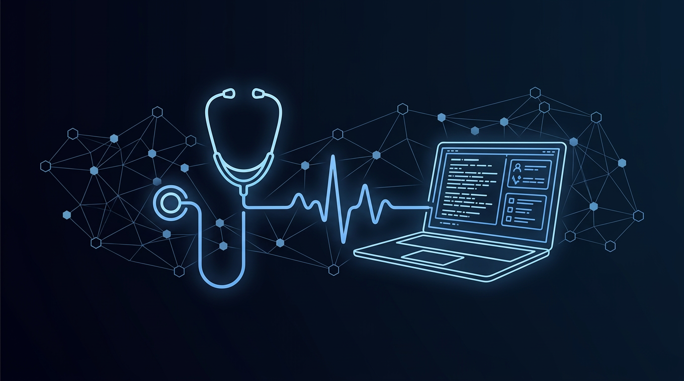 Healthtech illustration — stethoscope, laptop, and data network on dark background